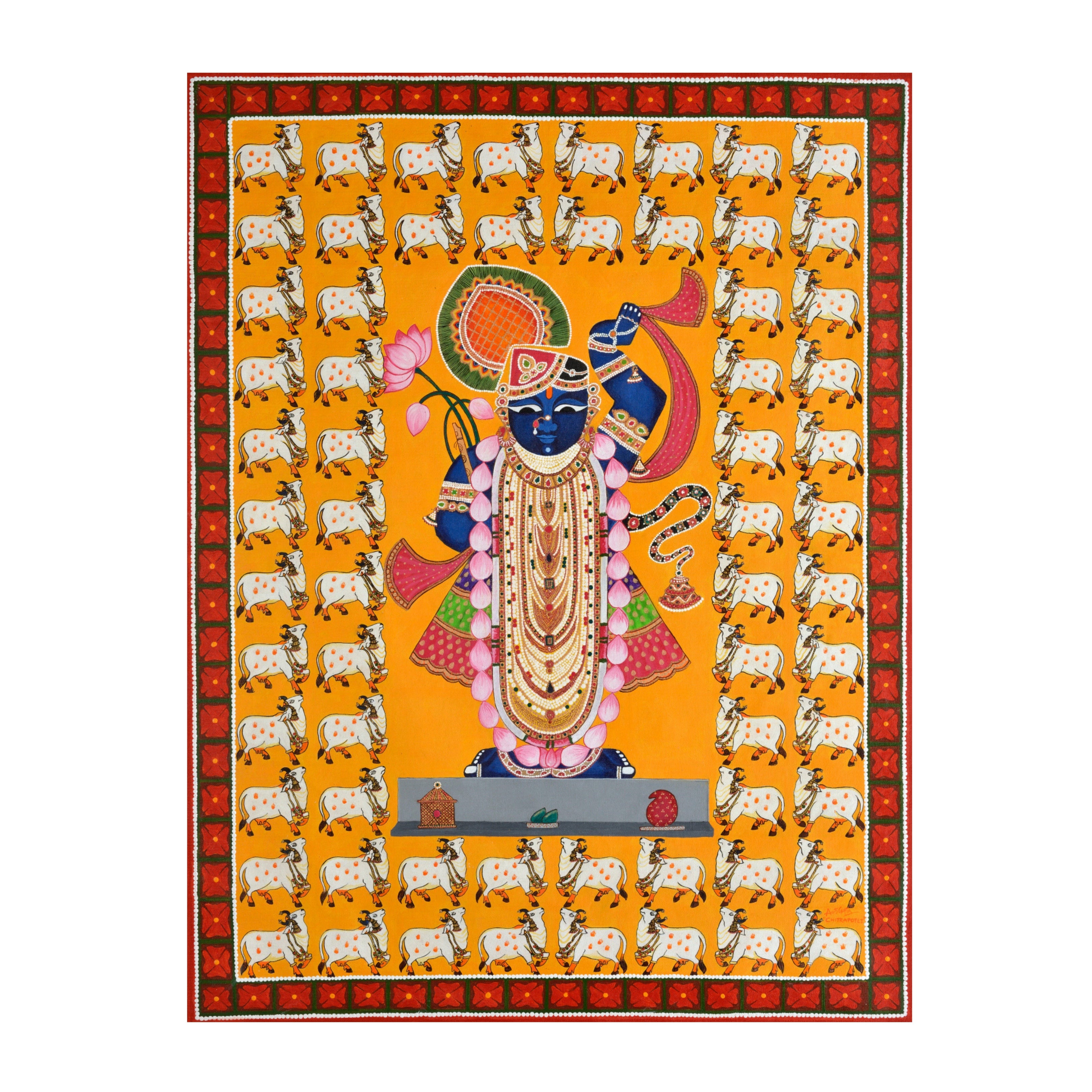 ☆ちゃと☆アウガルテン シロノワズリ Handpainted 貴重 Shrinathji Pichwai Art with 64 Cows | Indian Folk Art Canvas