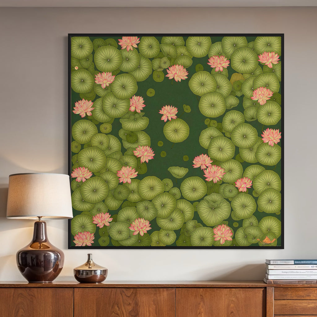 CHITRAPOTLI Padma Shanti Canvas Wall Art | Lotus Pond Botanical Painting Print |