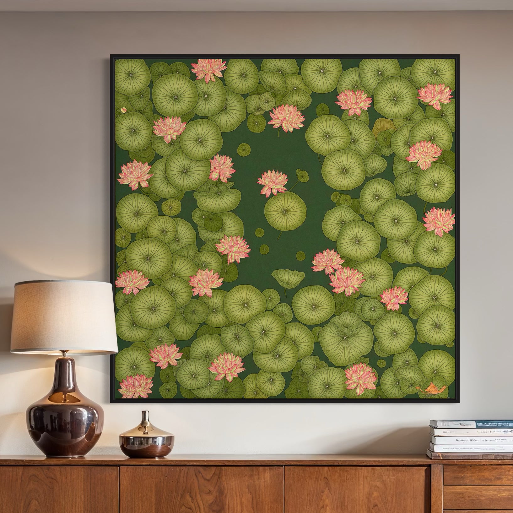 CHITRAPOTLI Padma Shanti Canvas Wall Art | Lotus Pond Botanical Painting Print |
