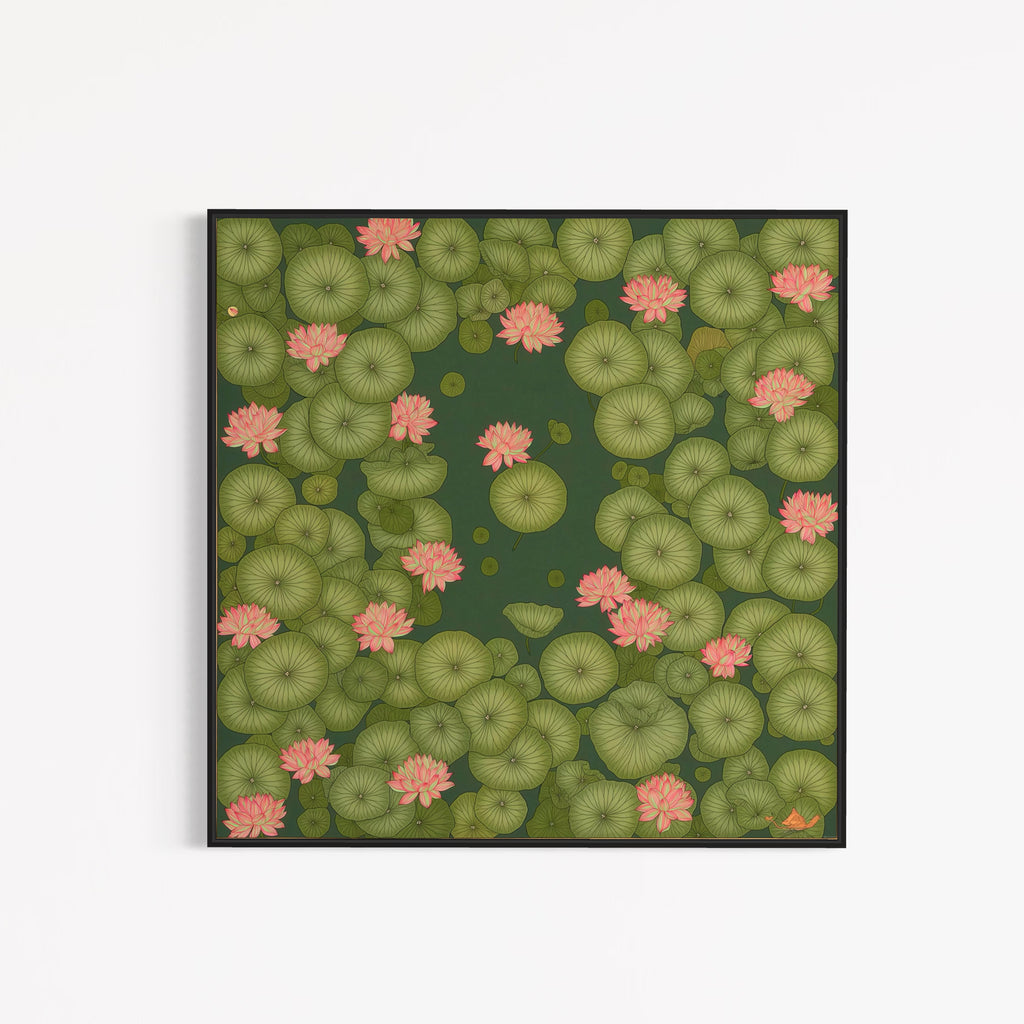 CHITRAPOTLI Padma Shanti Canvas Wall Art | Lotus Pond Botanical Painting Print |