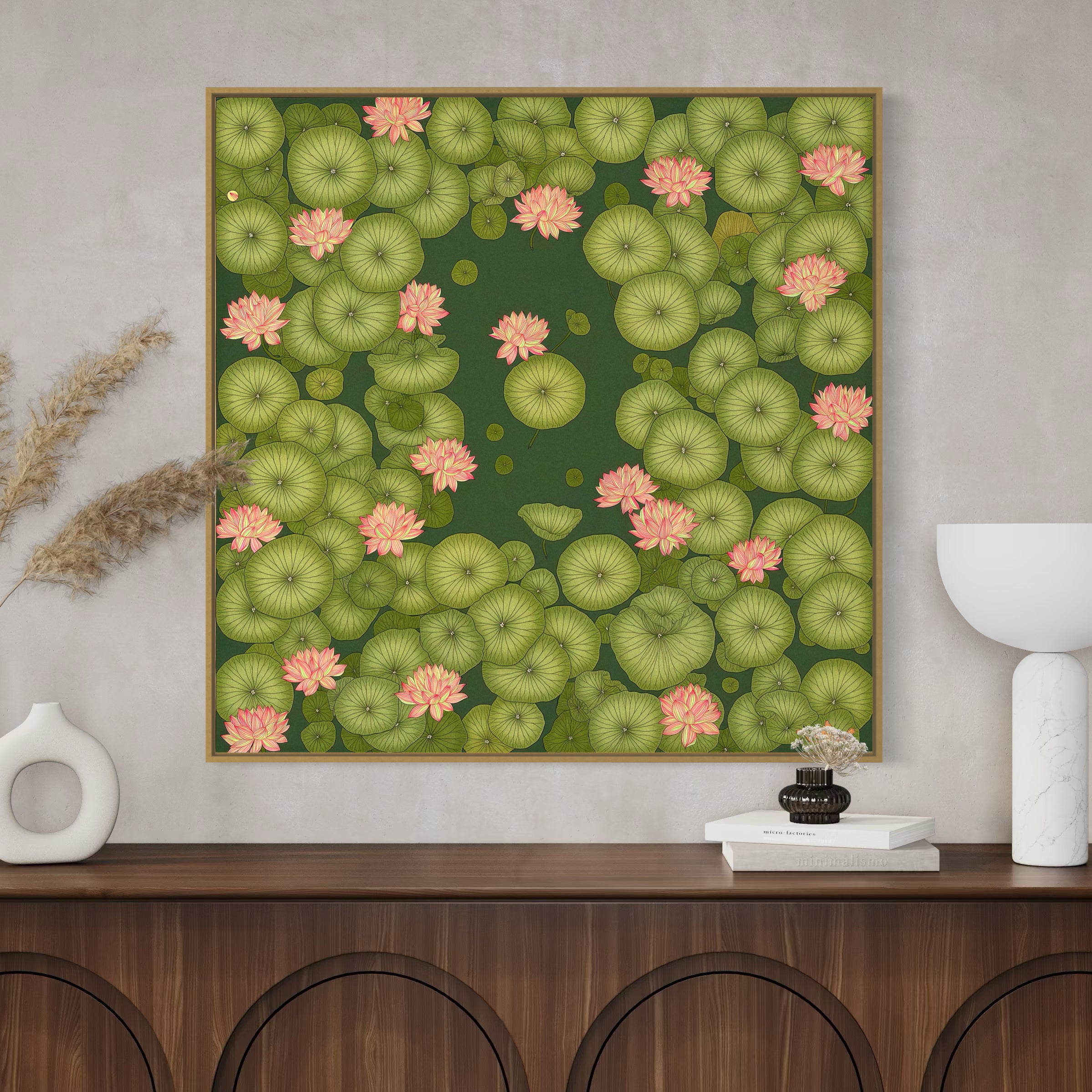 CHITRAPOTLI Padma Shanti Canvas Wall Art | Lotus Pond Botanical Painting Print |
