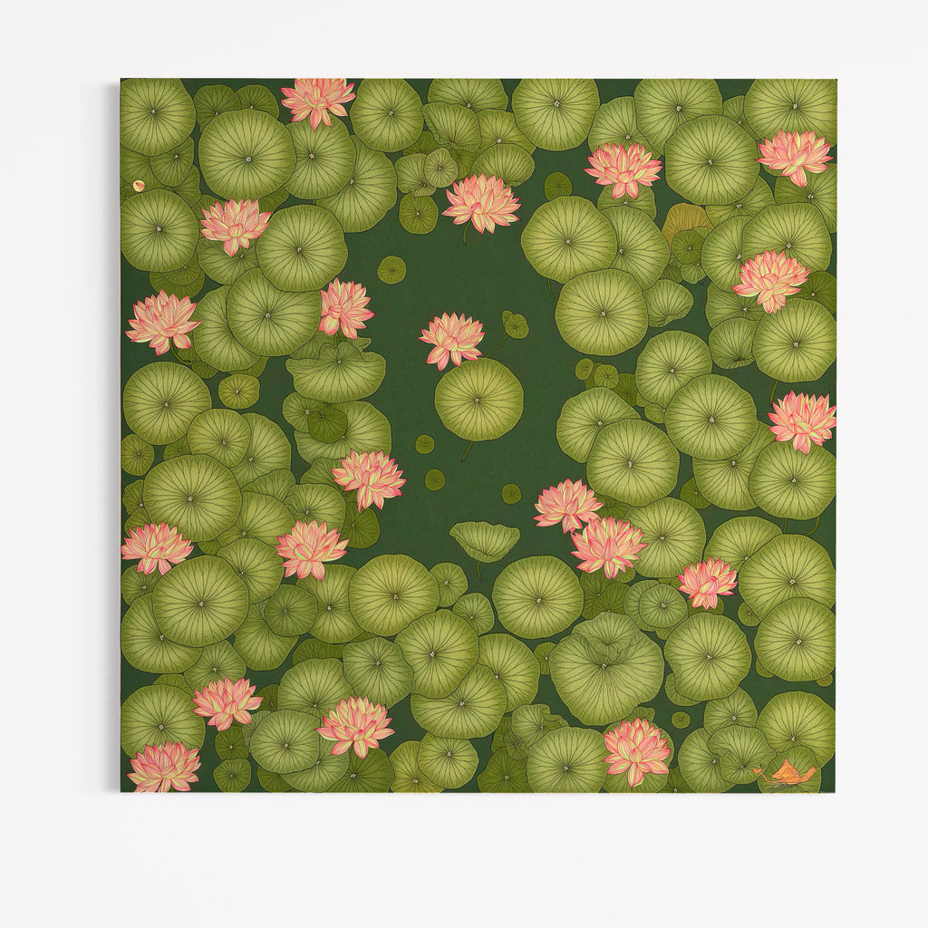 CHITRAPOTLI Padma Shanti Canvas Wall Art | Lotus Pond Botanical Painting Print |