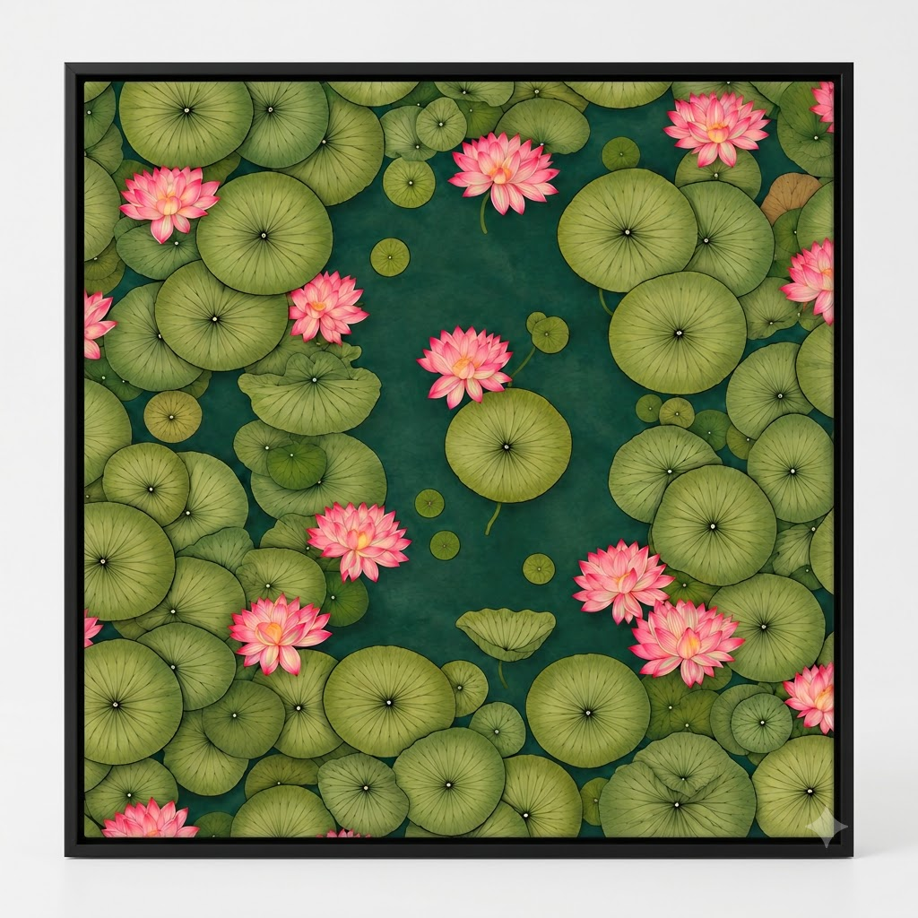 CHITRAPOTLI Padma Shanti Canvas Wall Art | Lotus Pond Botanical Painting Print |