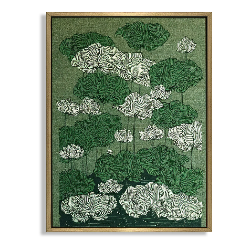 CHITRAPOTLI Verdant Lotus Canvas Wall Art | Botanical Lotus Pond Illustration Print |