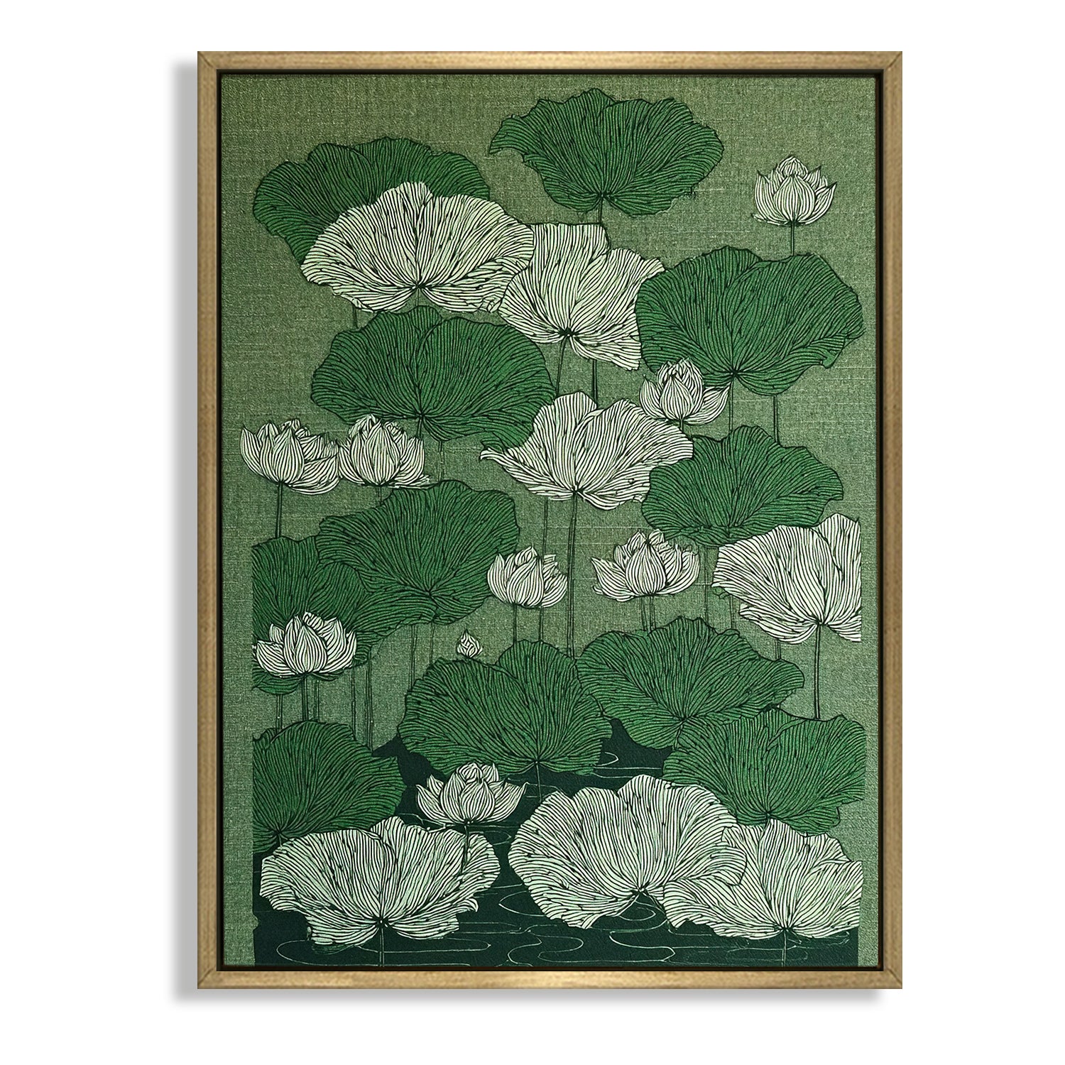 CHITRAPOTLI Verdant Lotus Canvas Wall Art | Botanical Lotus Pond Illustration Print |