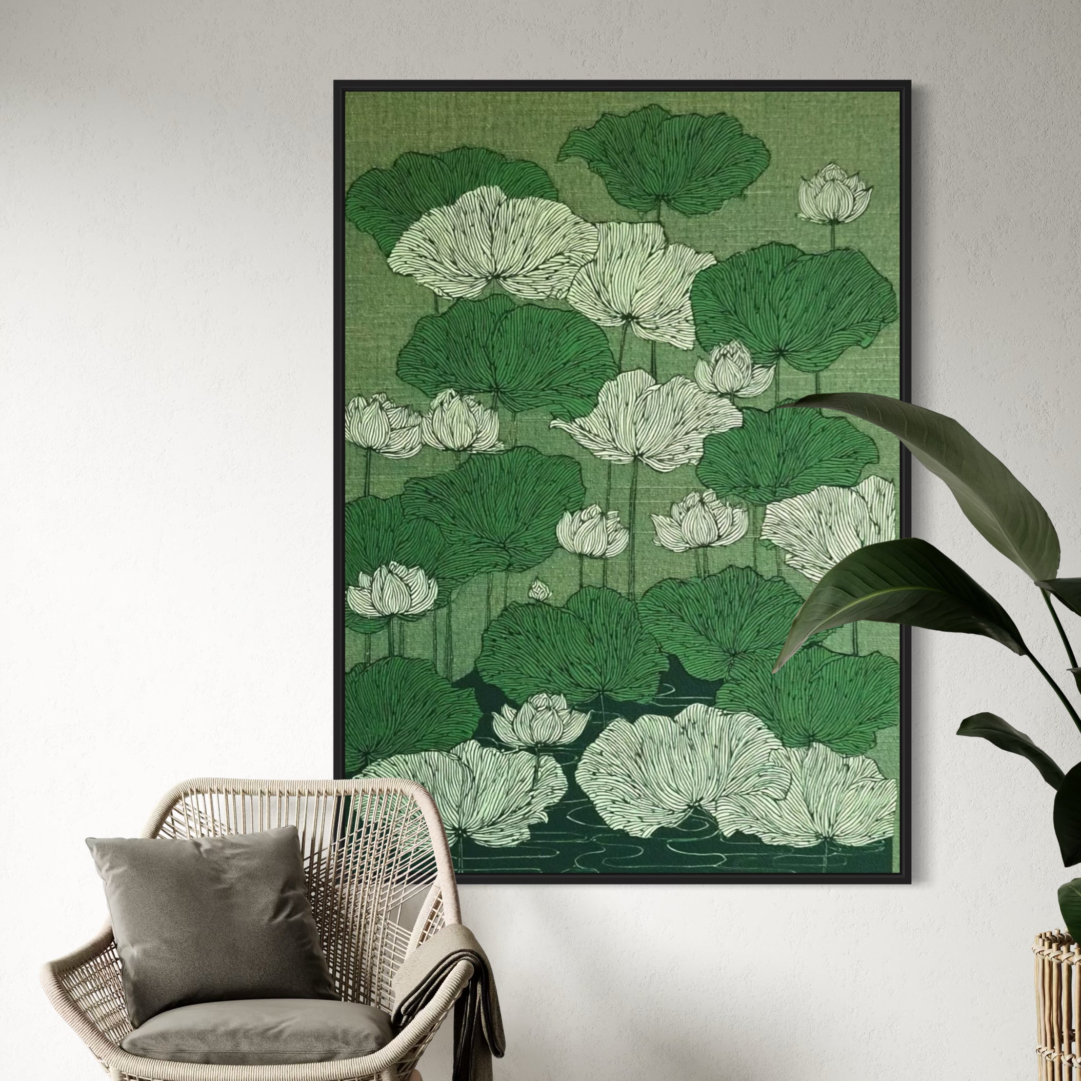 CHITRAPOTLI Verdant Lotus Canvas Wall Art | Botanical Lotus Pond Illustration Print |