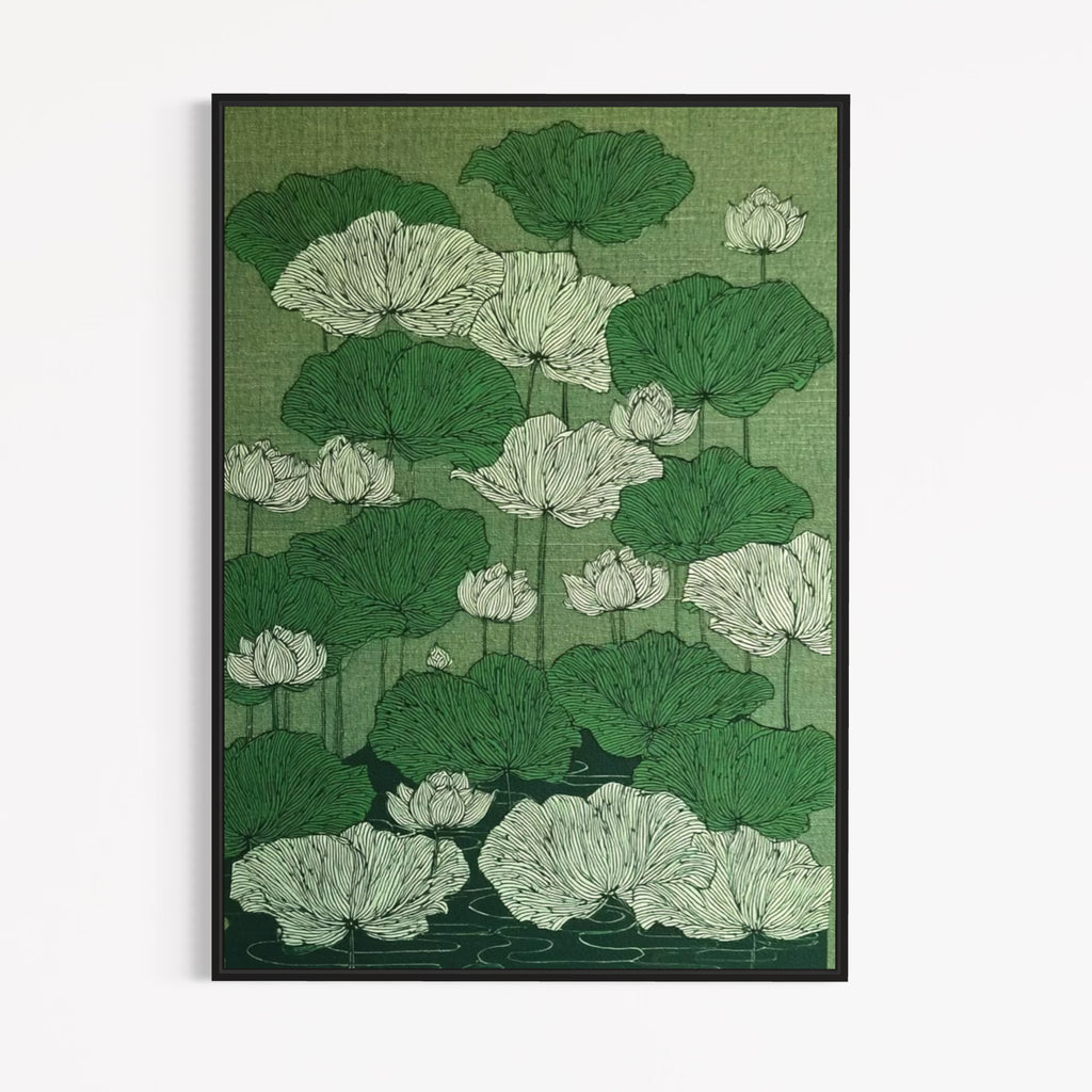 CHITRAPOTLI Verdant Lotus Canvas Wall Art | Botanical Lotus Pond Illustration Print |