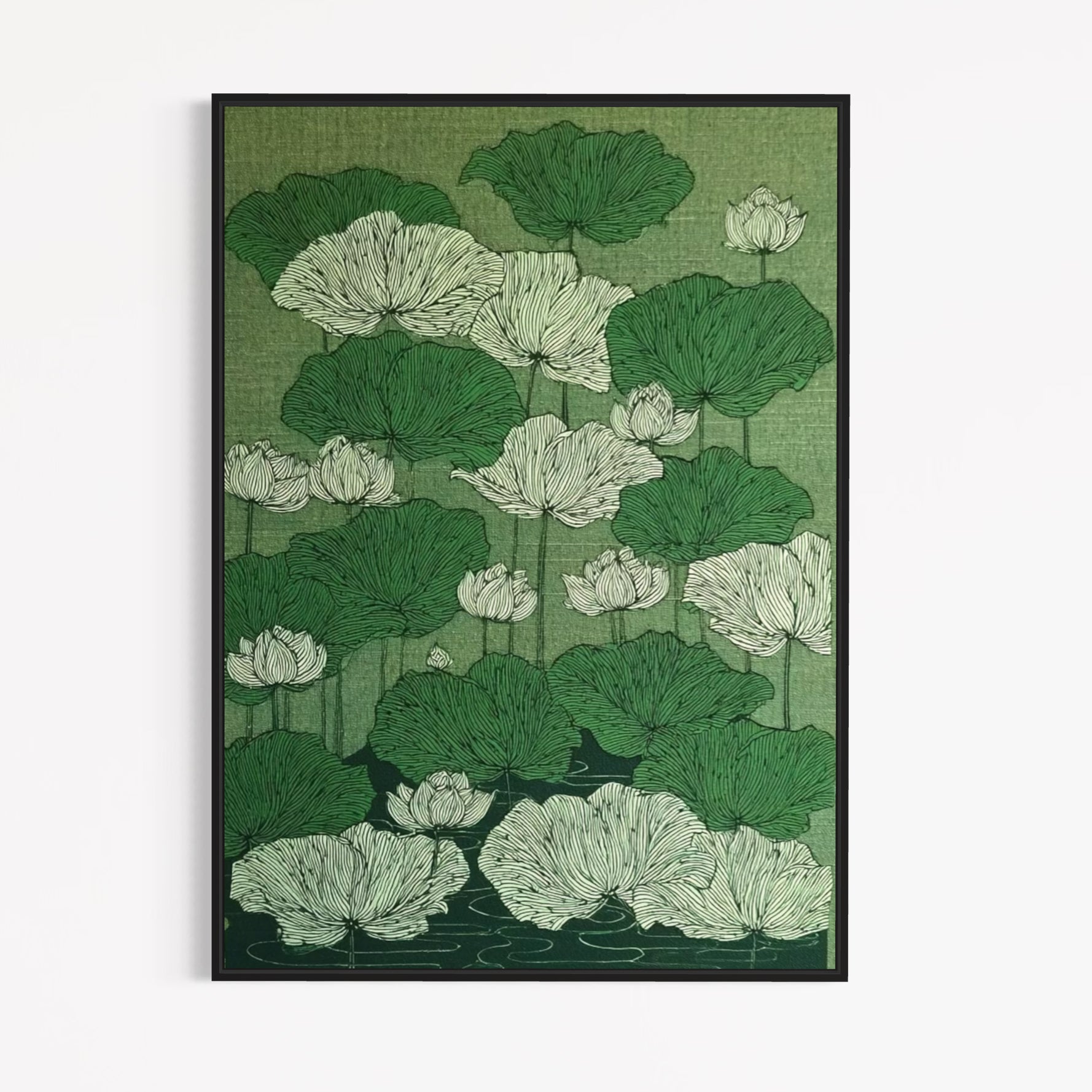 CHITRAPOTLI Verdant Lotus Canvas Wall Art | Botanical Lotus Pond Illustration Print |