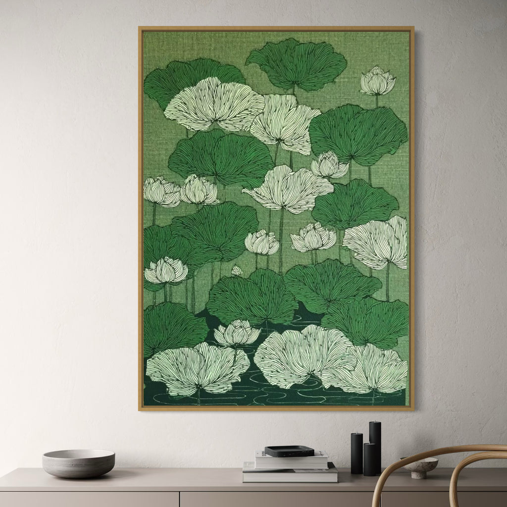 CHITRAPOTLI Verdant Lotus Canvas Wall Art | Botanical Lotus Pond Illustration Print |
