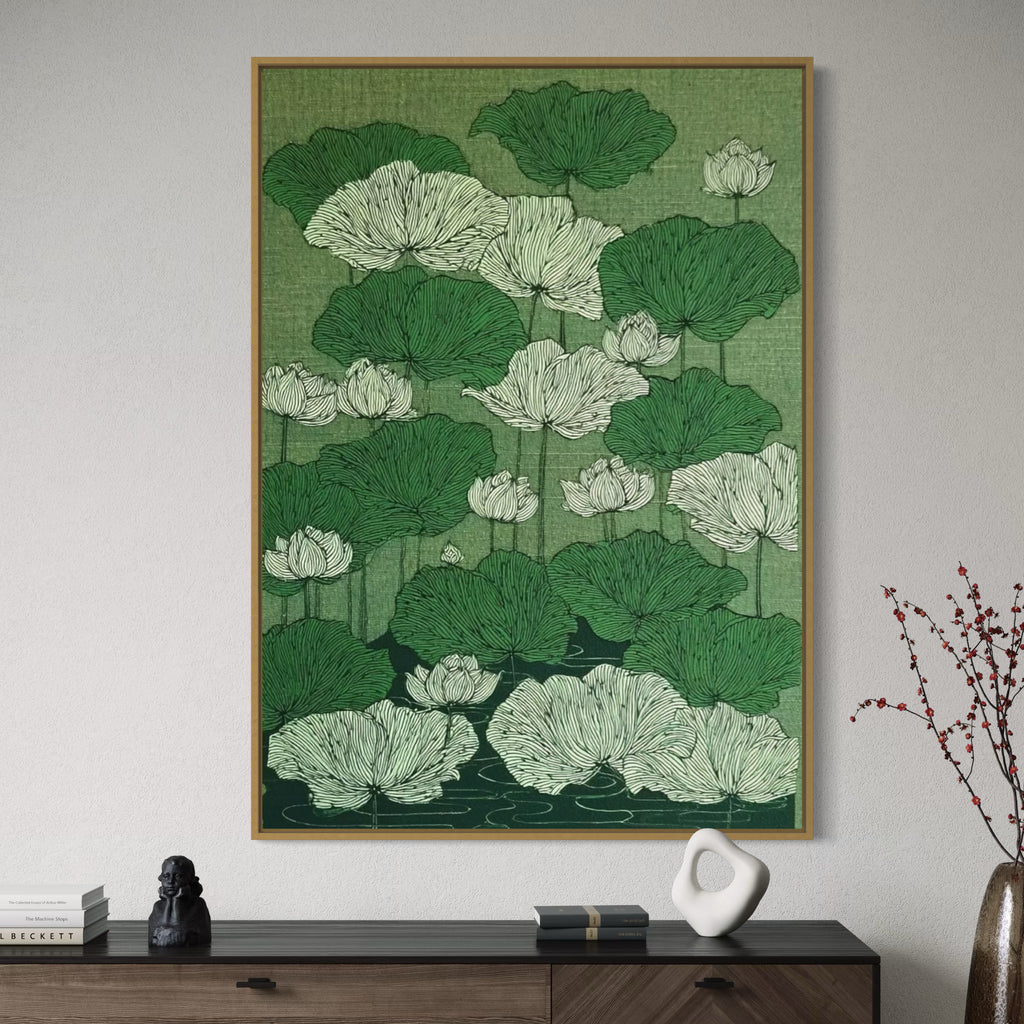 CHITRAPOTLI Verdant Lotus Canvas Wall Art | Botanical Lotus Pond Illustration Print |