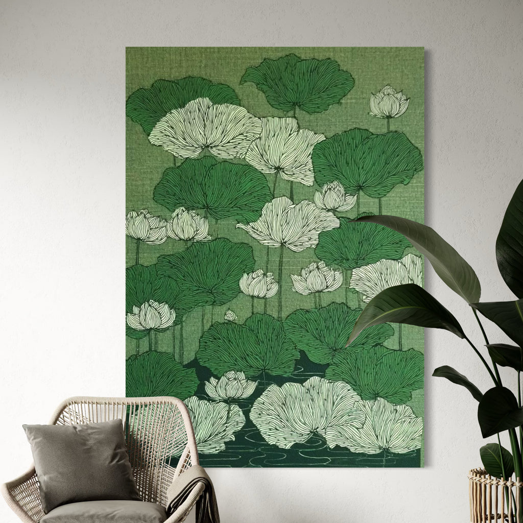 CHITRAPOTLI Verdant Lotus Canvas Wall Art | Botanical Lotus Pond Illustration Print |