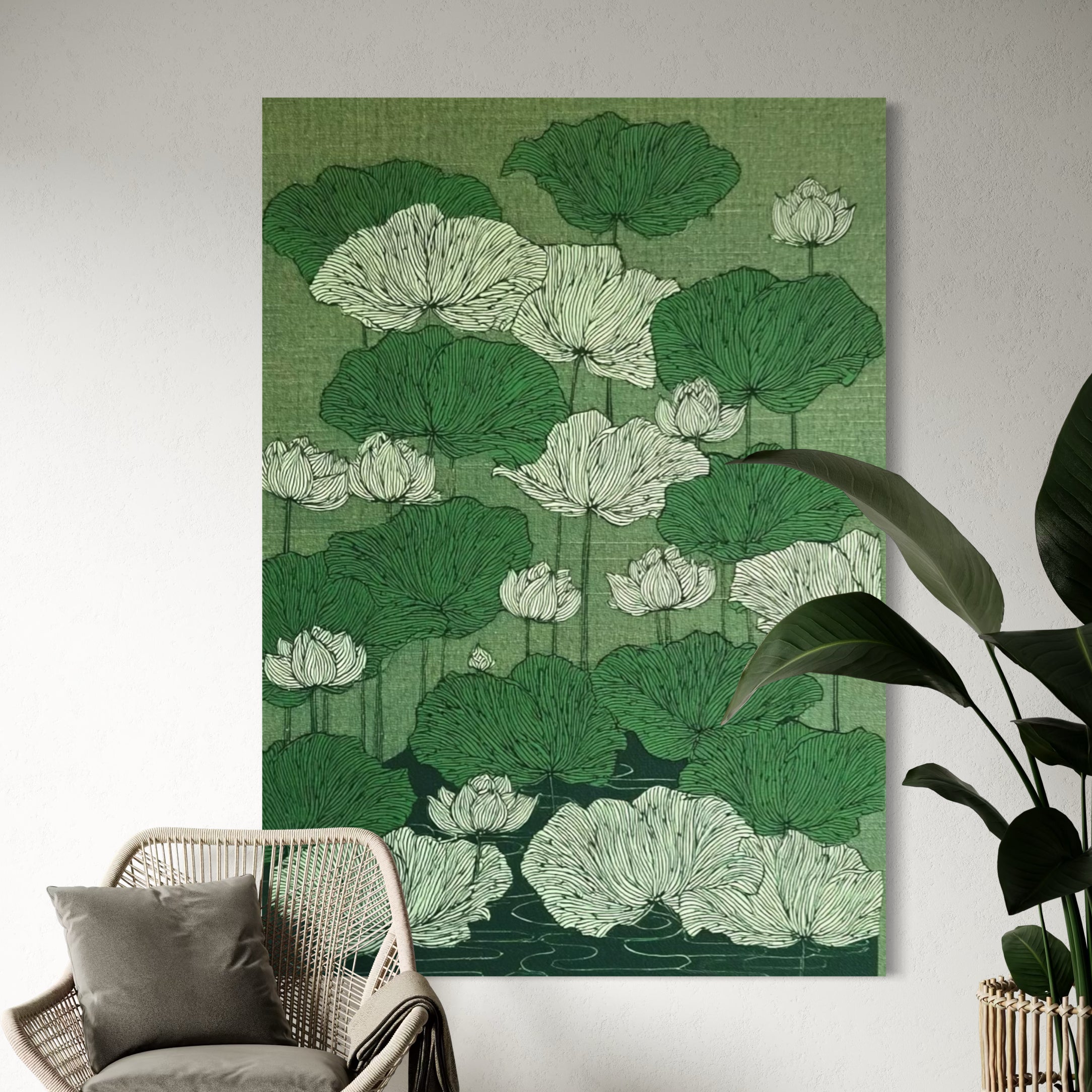 CHITRAPOTLI Verdant Lotus Canvas Wall Art | Botanical Lotus Pond Illustration Print |