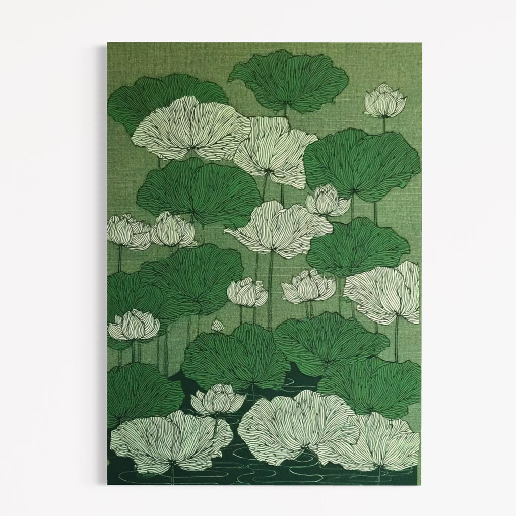 CHITRAPOTLI Verdant Lotus Canvas Wall Art | Botanical Lotus Pond Illustration Print |