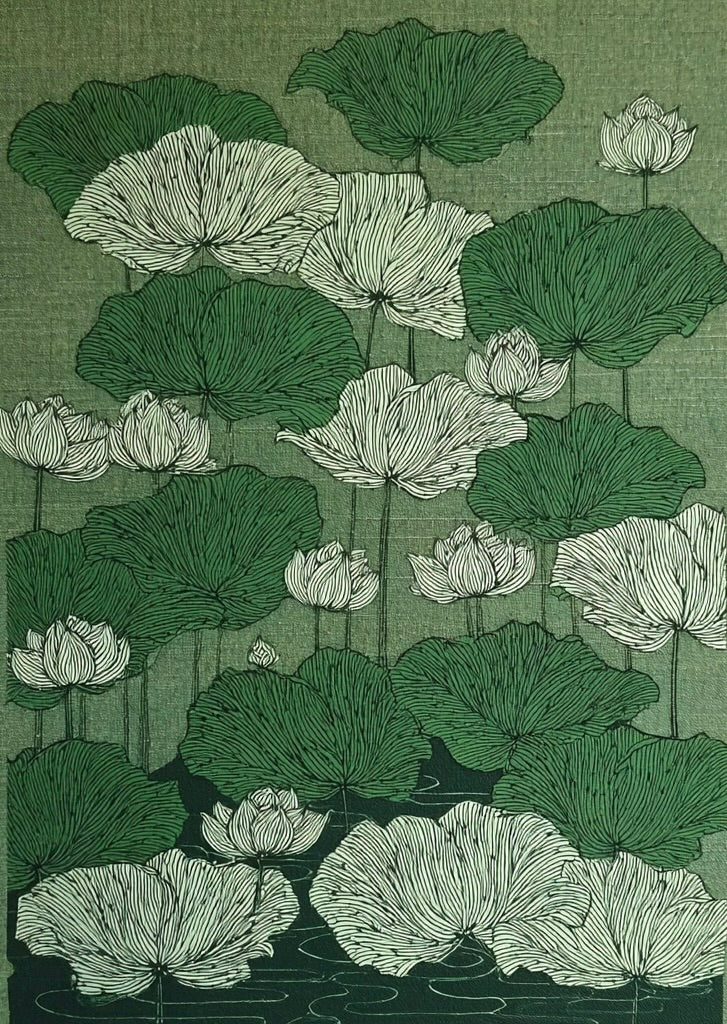 CHITRAPOTLI Verdant Lotus Canvas Wall Art | Botanical Lotus Pond Illustration Print |