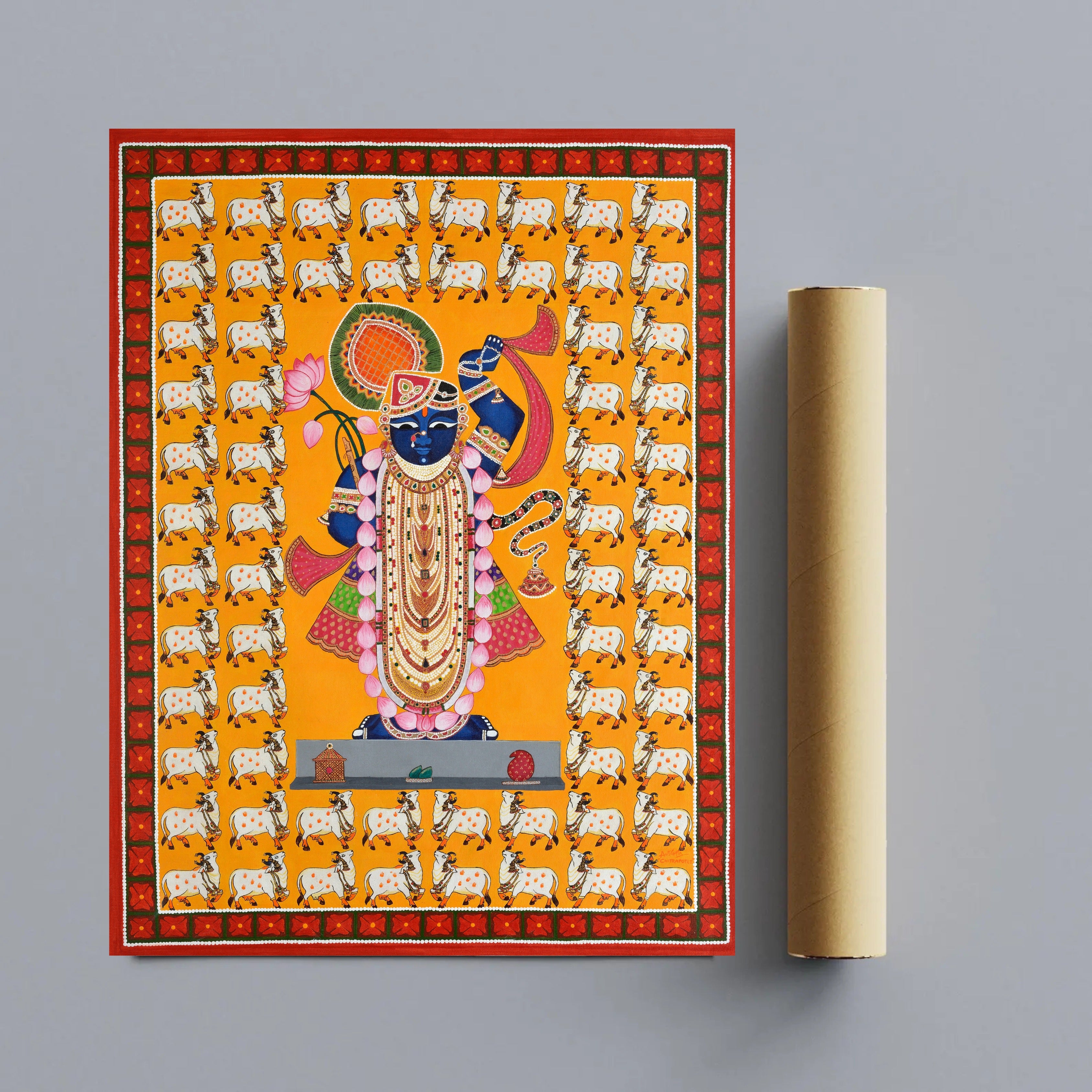 Shrinathji Pichwai Art with 64 Cows | Spiritual Indian Folk Art Canvas and Framed for Home & Office Décor