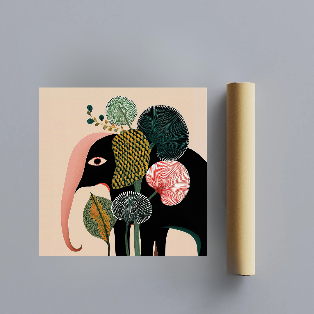 CHITRAPOTLI Botanical Muse Canvas Wall Art | Modern Elephant Botanical Illustration Square Painting