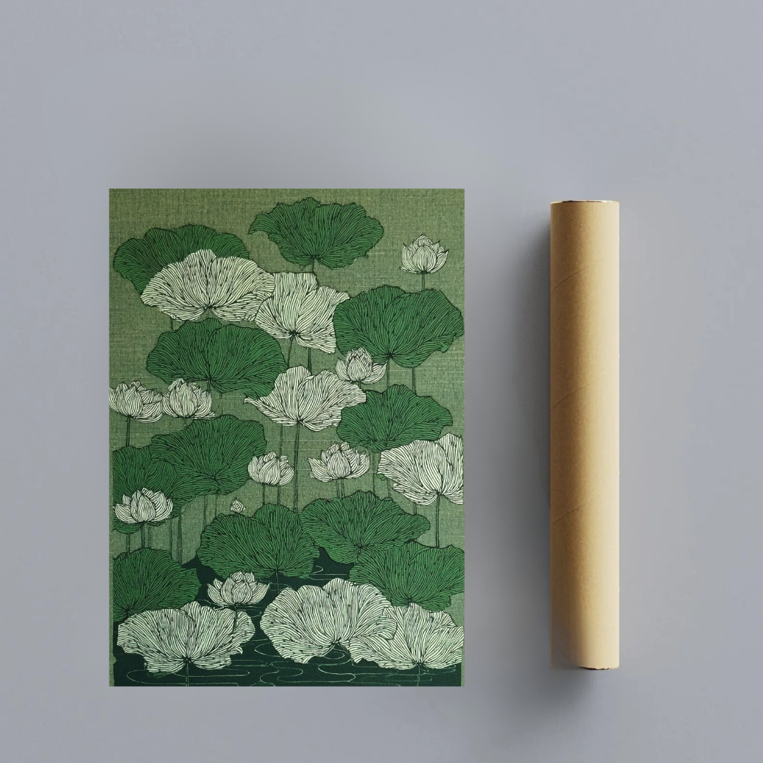 CHITRAPOTLI Verdant Lotus Canvas Wall Art | Botanical Lotus Pond Illustration Print |