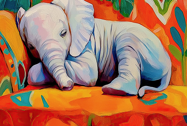 CHITRAPOTLI Jungle Dreamer Canvas Wall Art | Sleeping Baby Elephant Colorful Tropical Painting