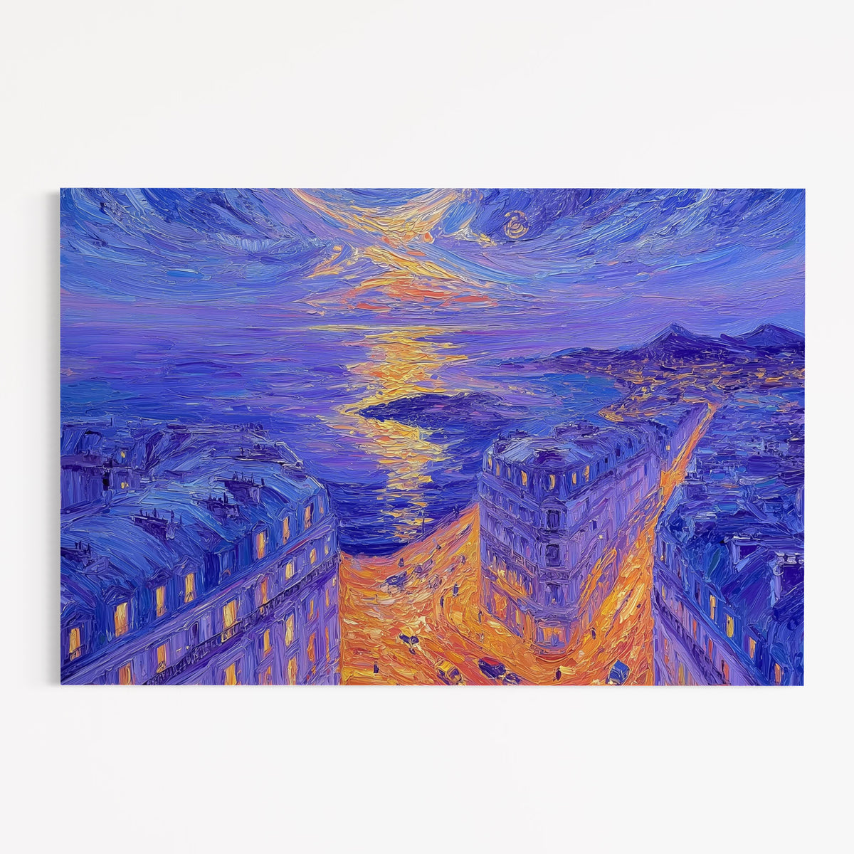 CHITRAPOTLI Twilight Reflections Canvas Wall Art | Impressionist Sunset Cityscape Painting