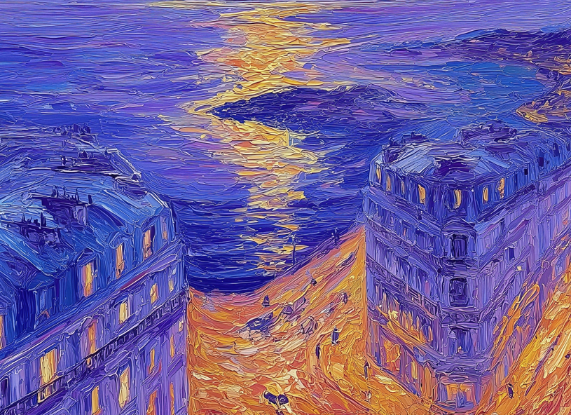 CHITRAPOTLI Twilight Reflections Canvas Wall Art | Impressionist Sunset Cityscape Painting