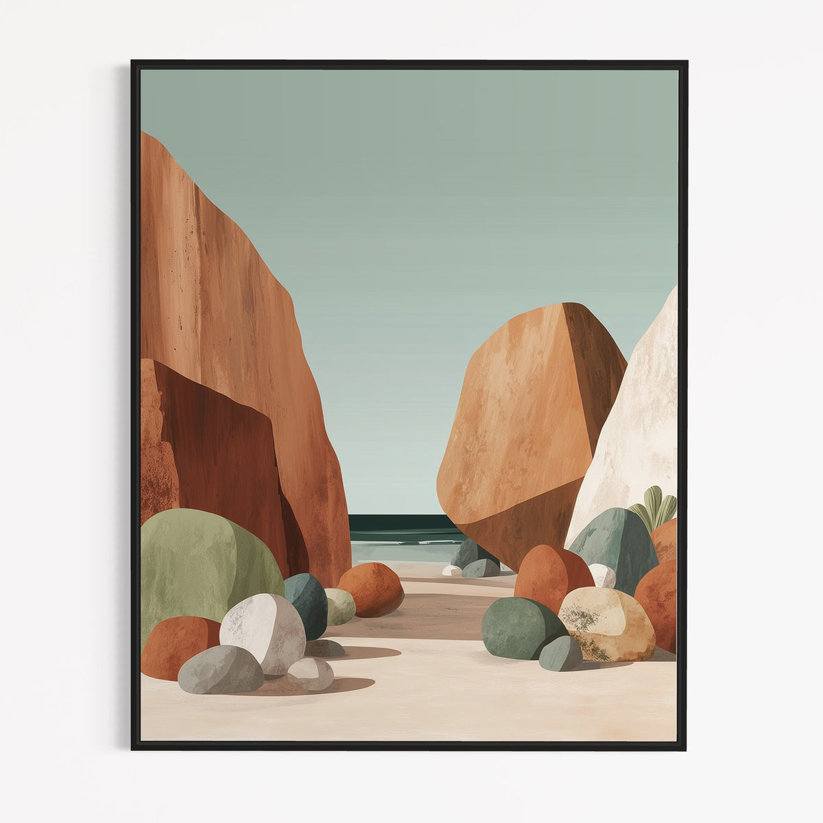 CHITRAPOTLI Silent Coast Canvas Wall Art | Minimalist Terracotta Rocks Beach Landscape Painting