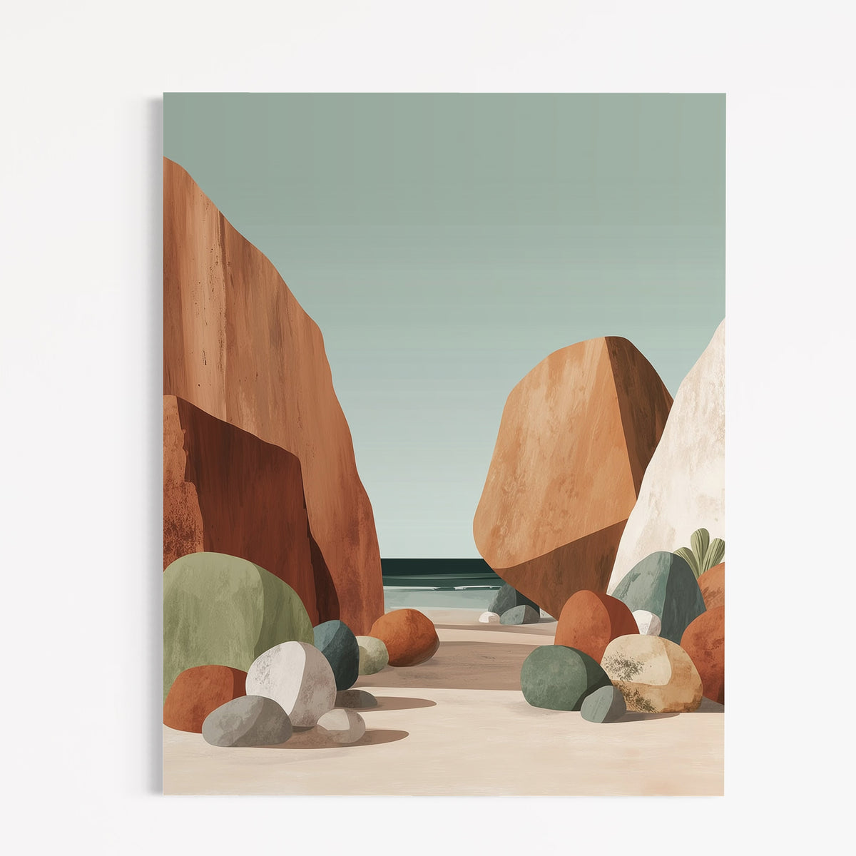 CHITRAPOTLI Silent Coast Canvas Wall Art | Minimalist Terracotta Rocks Beach Landscape Painting