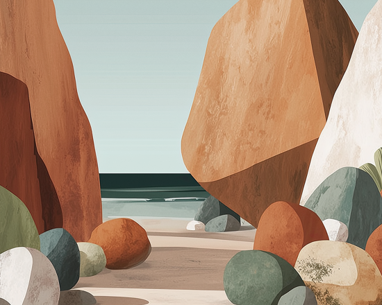 CHITRAPOTLI Silent Coast Canvas Wall Art | Minimalist Terracotta Rocks Beach Landscape Painting