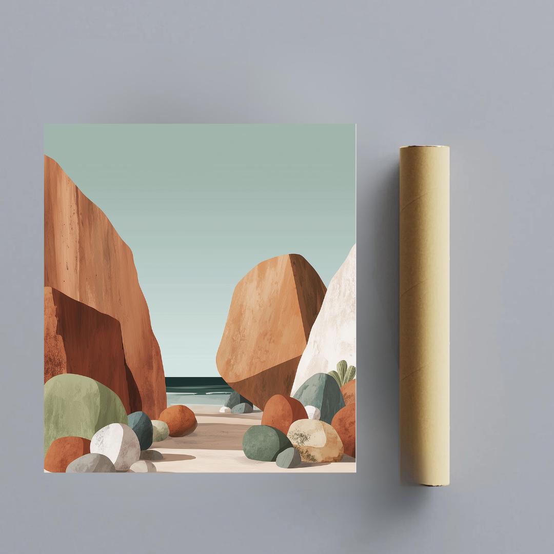CHITRAPOTLI Silent Coast Canvas Wall Art | Minimalist Terracotta Rocks Beach Landscape Painting