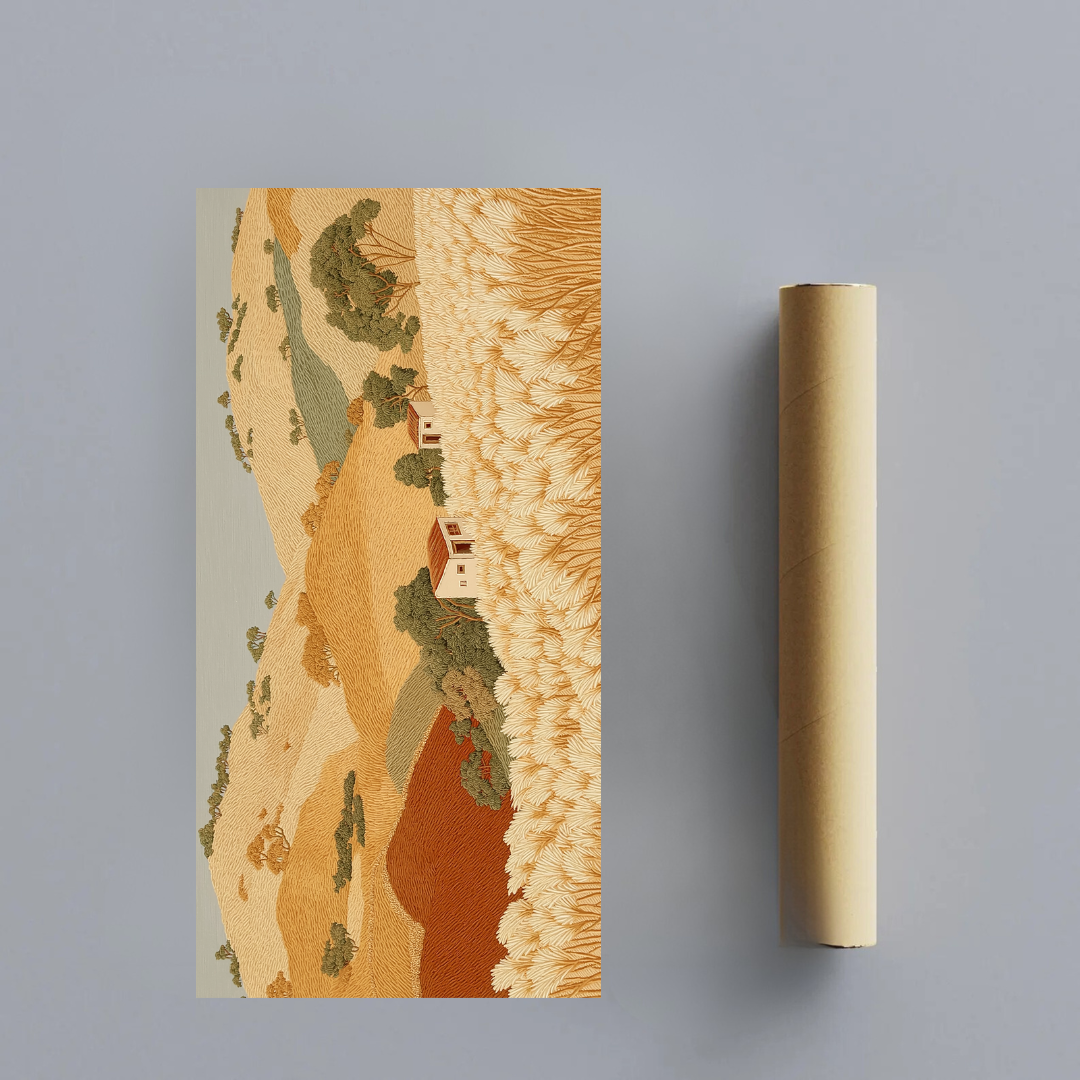 CHITRAPOTLI Golden Harvest Hills Canvas Wall Art | Panoramic Countryside Landscape Painting