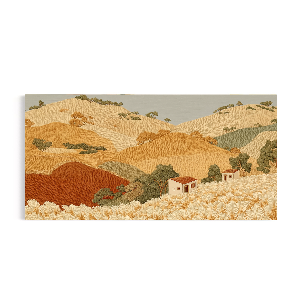 CHITRAPOTLI Golden Harvest Hills Canvas Wall Art | Panoramic Countryside Landscape Painting