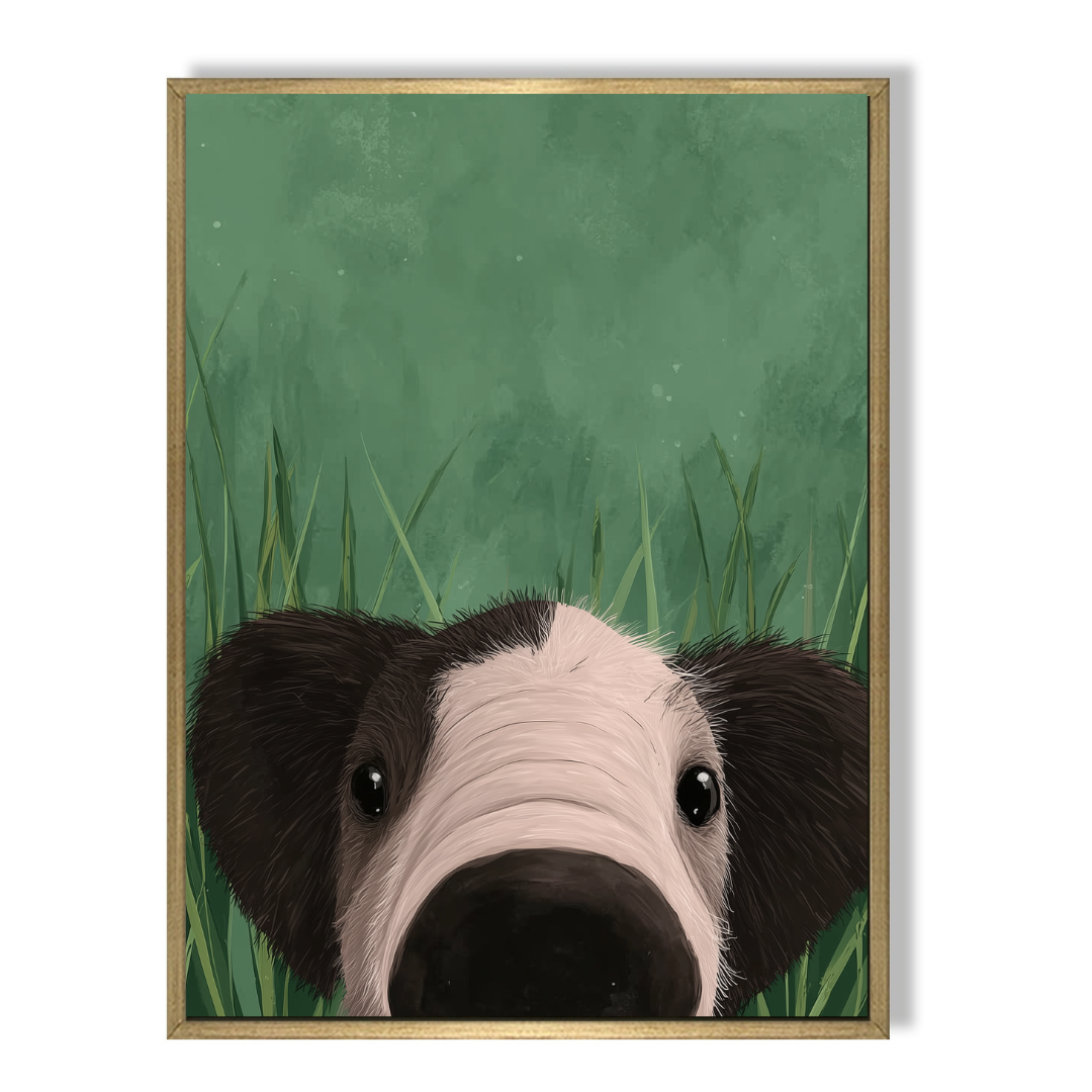 CHITRAPOTLI Curious Paws Canvas Wall Art | Peeking Puppy in Green Grass Animal Painting