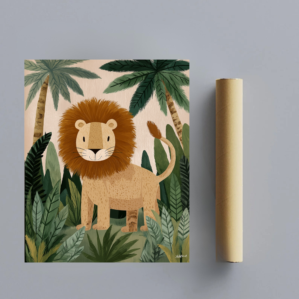 CHITRAPOTLI Jungle King Leo Canvas Wall Art | Cute Lion Canvas Print for Kids Room | Safari Animal Nursery Decor | Tropical Jungle Wall Art | Lion Illustration