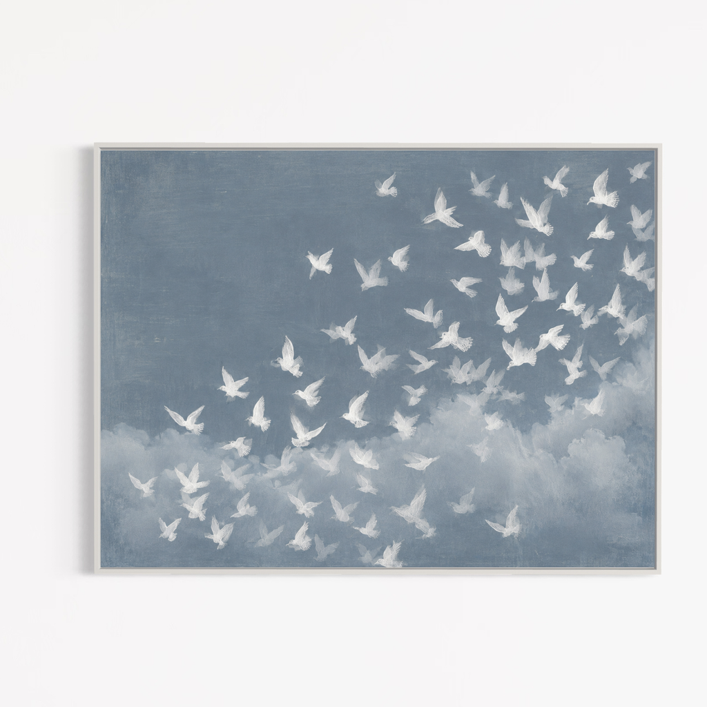 CHITRAPOTLI Udaan Landscape 01 Canvas Wall Art | White Birds in Flight Blue Sky
