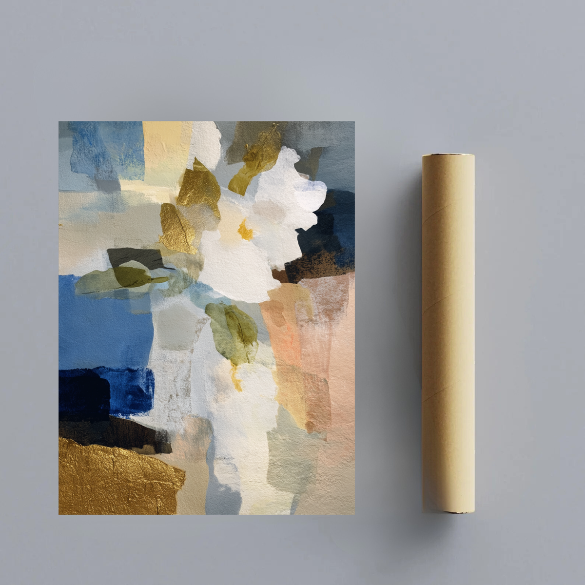 CHITRAPOTLI Golden Serenity Abstract Floral Canvas Wall Art | Luxury Gold & Blue Watercolor Canvas Print | Modern Botanical Wall Décor