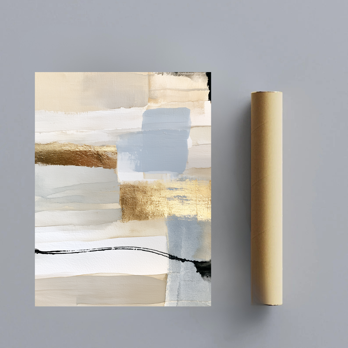 CHITRAPOTLI Neutral Harmony Abstract Canvas Wall Art | Modern Beige, Gold & Blue Abstract Painting | Luxury Minimalist Canvas Print | Contemporary Wall Décor