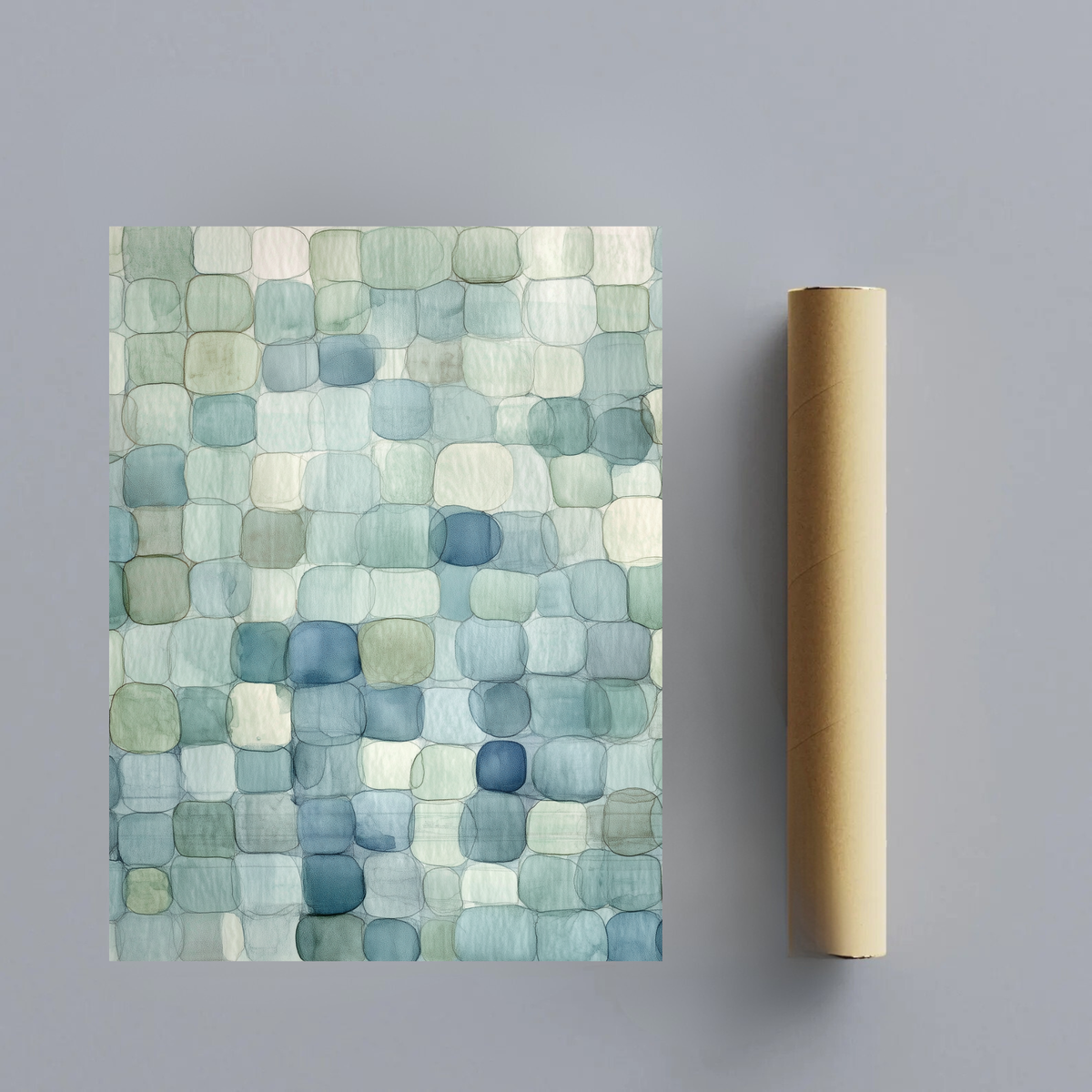 CHITRAPOTLI Coastal Mosaic Abstract Canvas Wall Art Blue Sage Green Ivory Modern Abstract Painting Minimalist Geometric Canvas Print