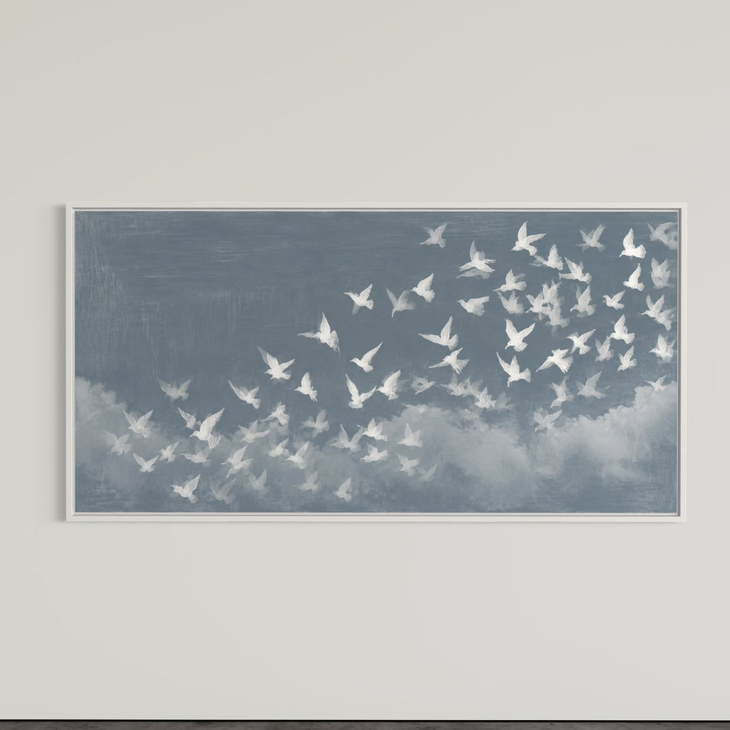 CHITRAPOTLI Udaan Landscape 02 Canvas Wall Art | White Birds in Flight Blue Sky