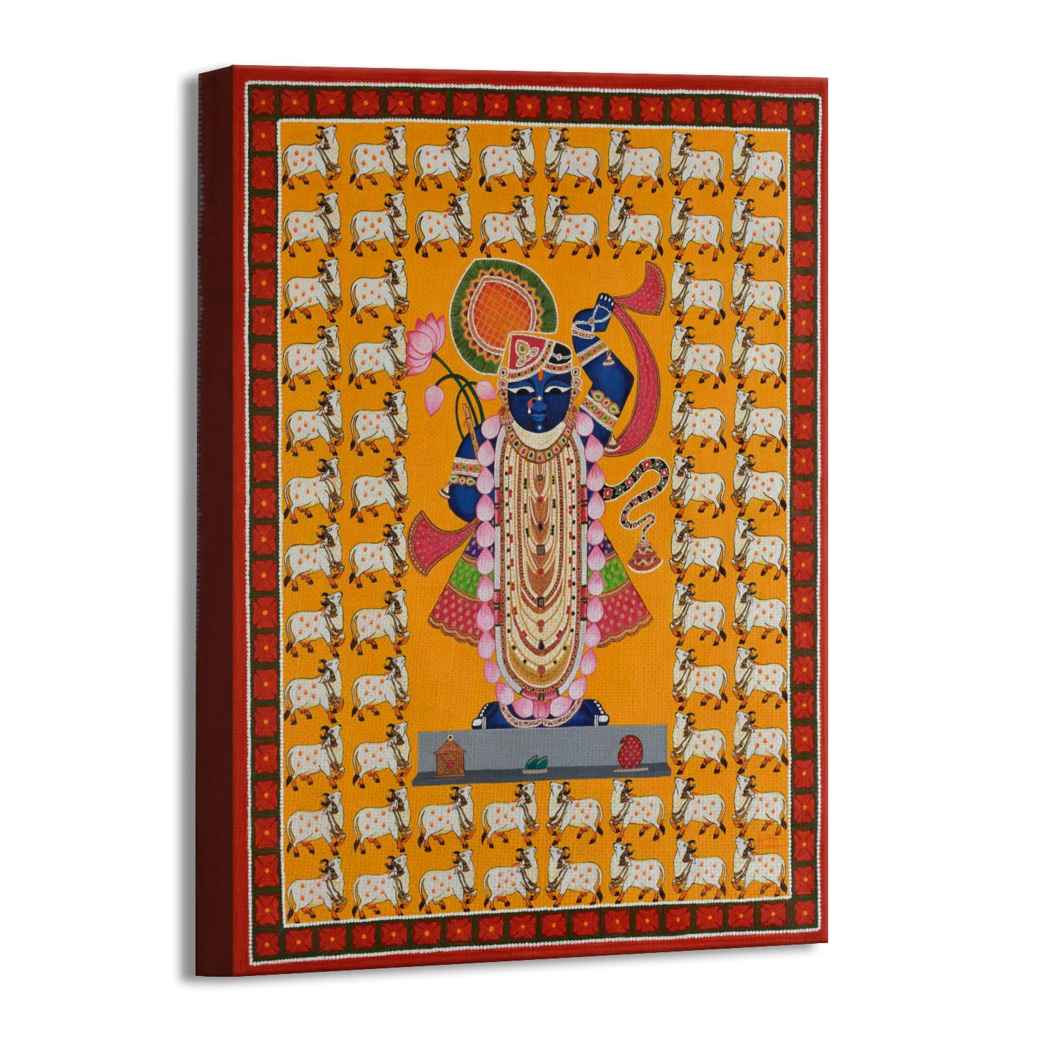 ☆ちゃと☆アウガルテン シロノワズリ Handpainted 貴重 Shrinathji Pichwai Art with 64 Cows | Indian Folk Art Canvas