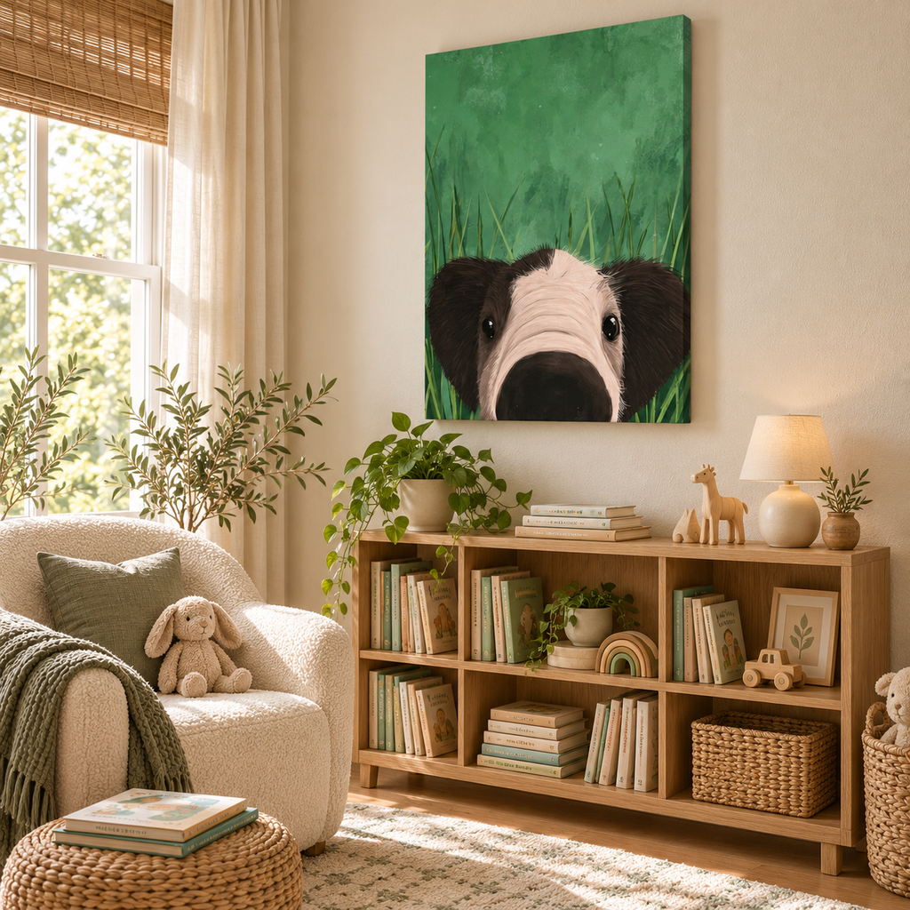 CHITRAPOTLI Curious Paws Canvas Wall Art | Peeking Puppy in Green Grass Animal Painting