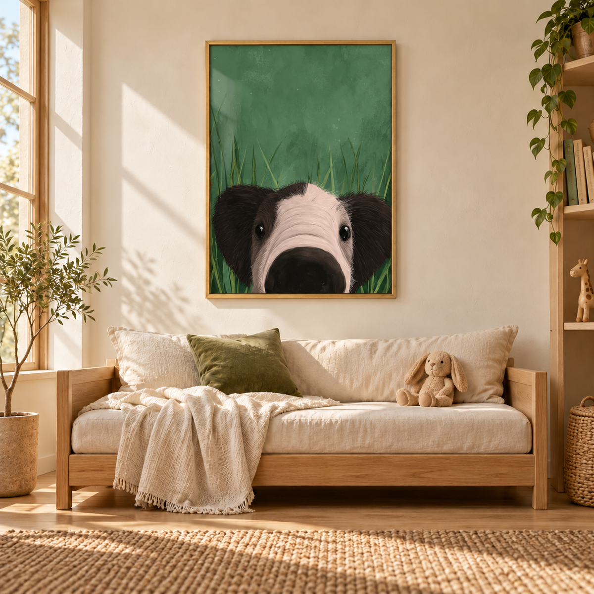 CHITRAPOTLI Curious Paws Canvas Wall Art | Peeking Puppy in Green Grass Animal Painting