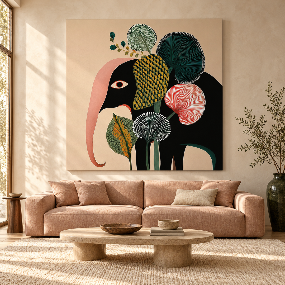 CHITRAPOTLI Botanical Muse Canvas Wall Art | Modern Elephant Botanical Illustration Square Painting