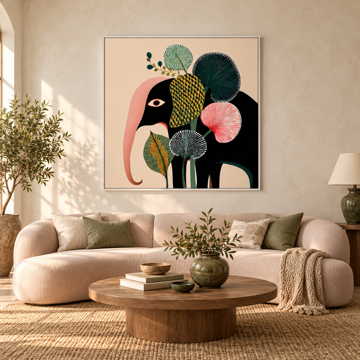 CHITRAPOTLI Botanical Muse Canvas Wall Art | Modern Elephant Botanical Illustration Square Painting