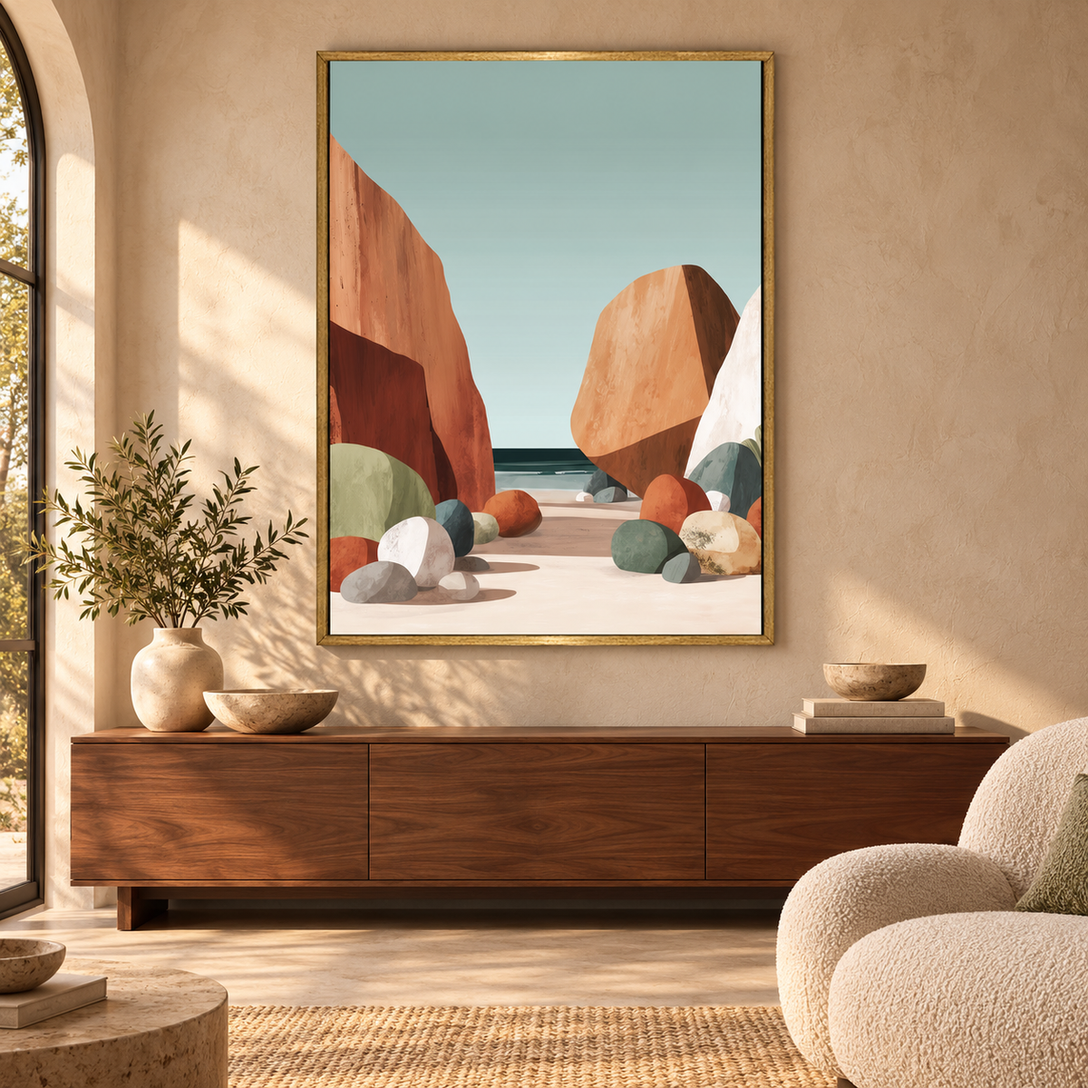 CHITRAPOTLI Silent Coast Canvas Wall Art | Minimalist Terracotta Rocks Beach Landscape Painting