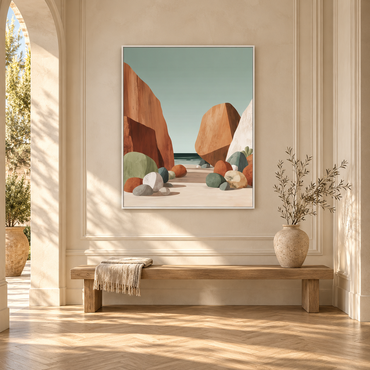 CHITRAPOTLI Silent Coast Canvas Wall Art | Minimalist Terracotta Rocks Beach Landscape Painting