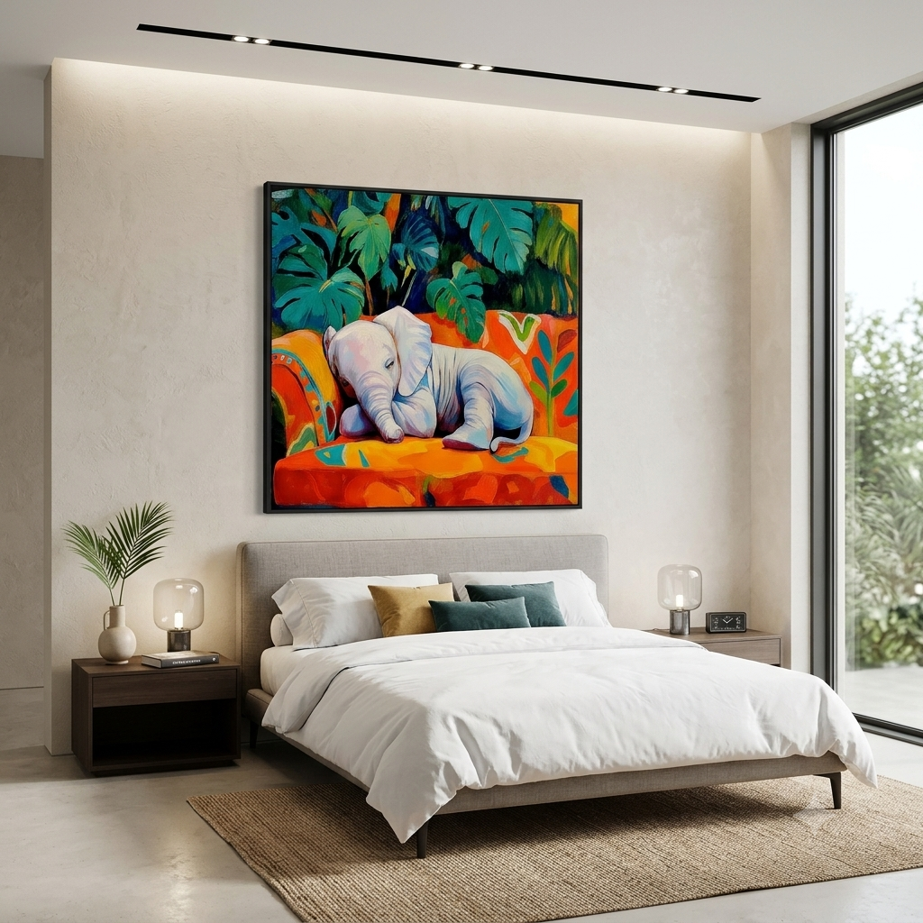 CHITRAPOTLI Jungle Dreamer Canvas Wall Art | Sleeping Baby Elephant Colorful Tropical Painting