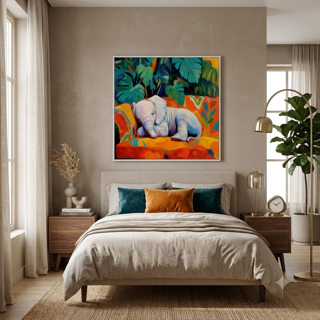 CHITRAPOTLI Jungle Dreamer Canvas Wall Art | Sleeping Baby Elephant Colorful Tropical Painting