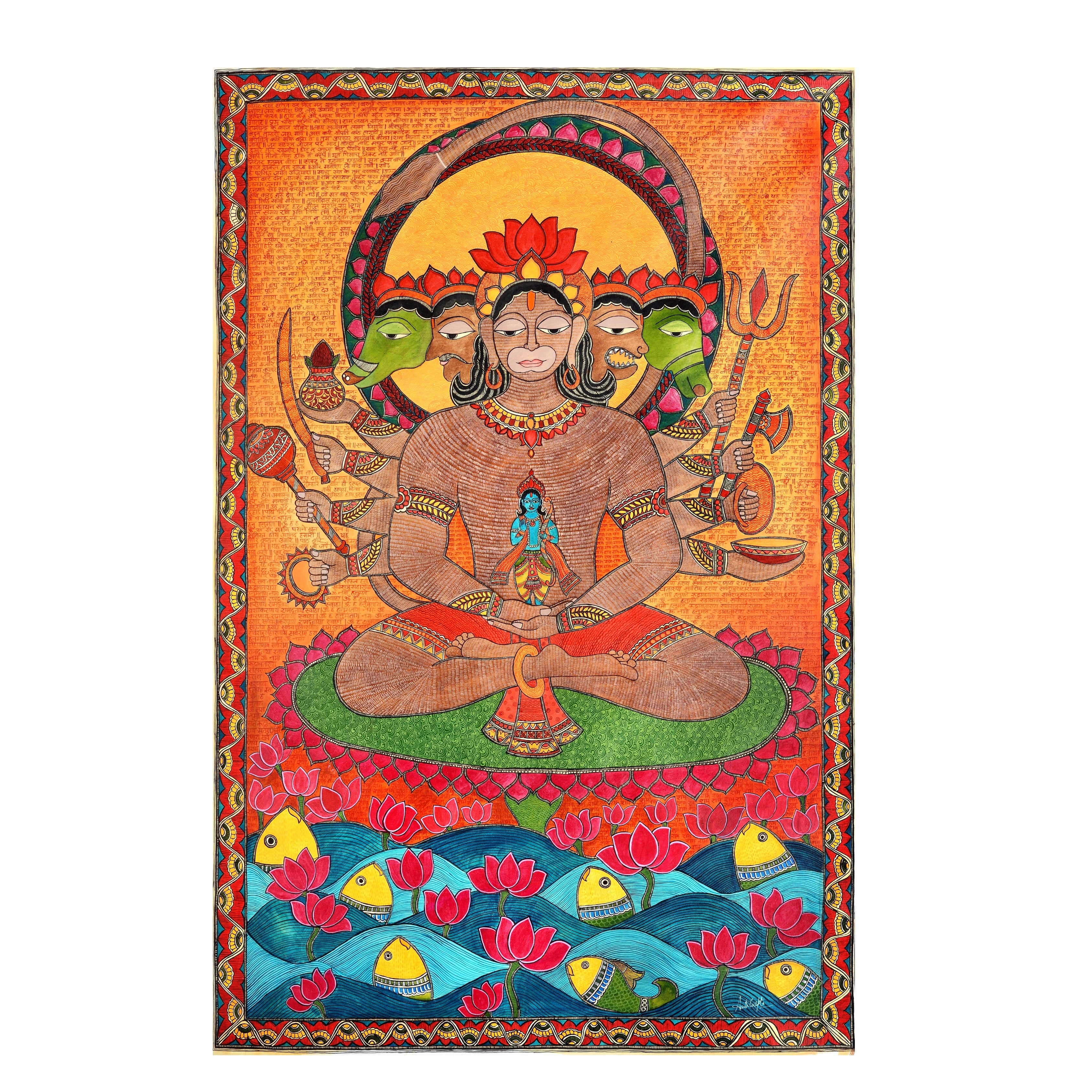 Panchmukhi Hanuman ji Painting | Vastu Art Canvas and Frame for Home & Office Décor | Indian Folk Art |