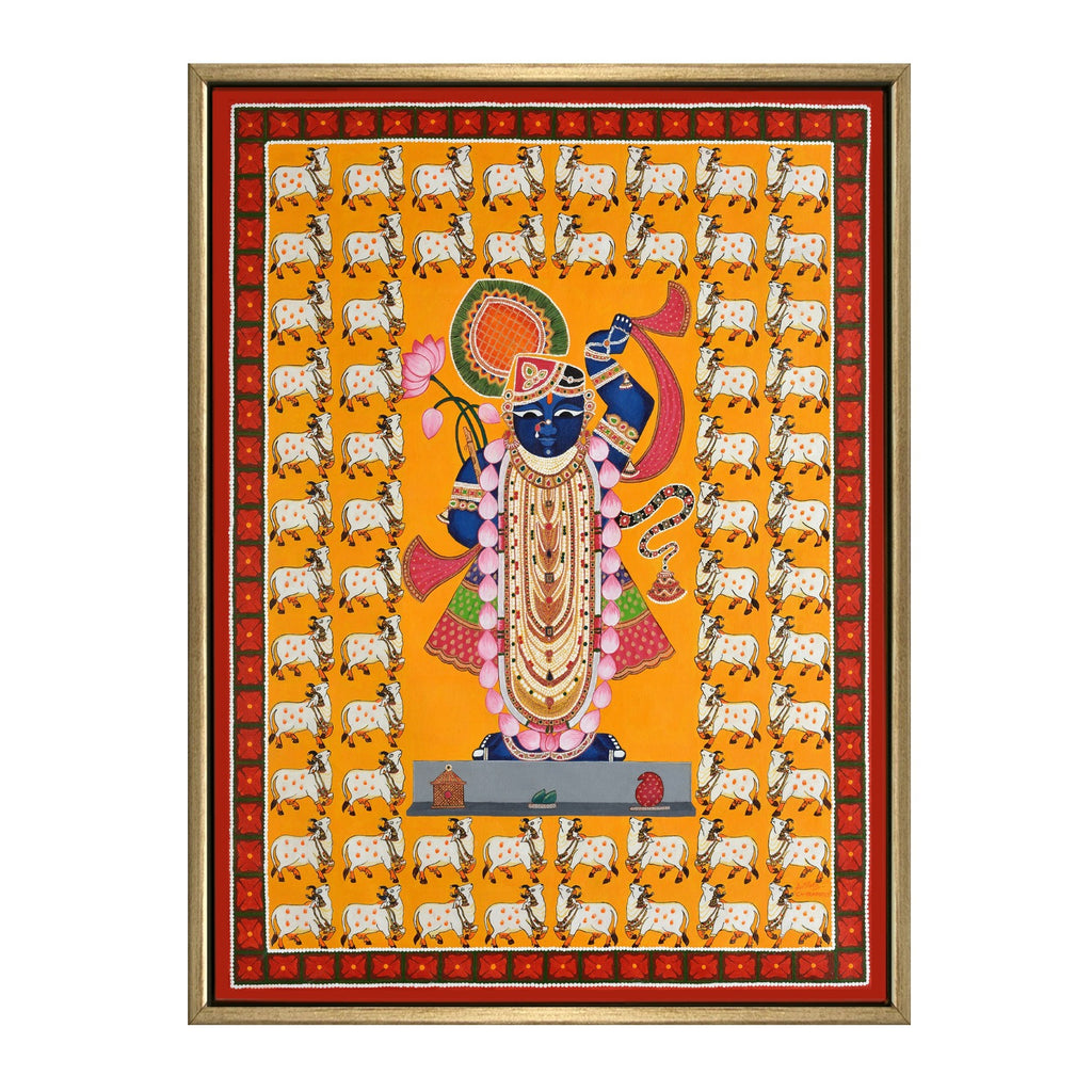 Shrinathji Pichwai Art with 64 Cows | Spiritual Indian Folk Art Canvas and Framed for Home & Office Décor