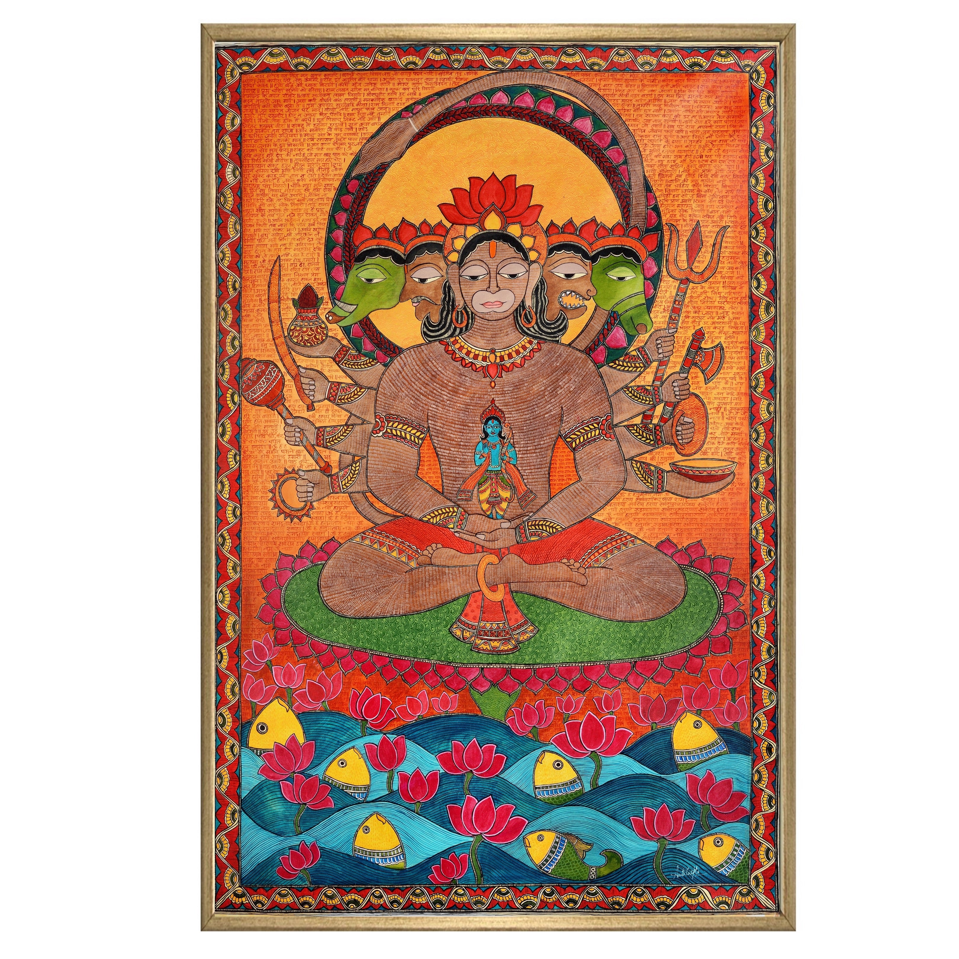 Panchmukhi Hanuman ji Painting | Vastu Art Canvas and Frame for Home & Office Décor | Indian Folk Art |