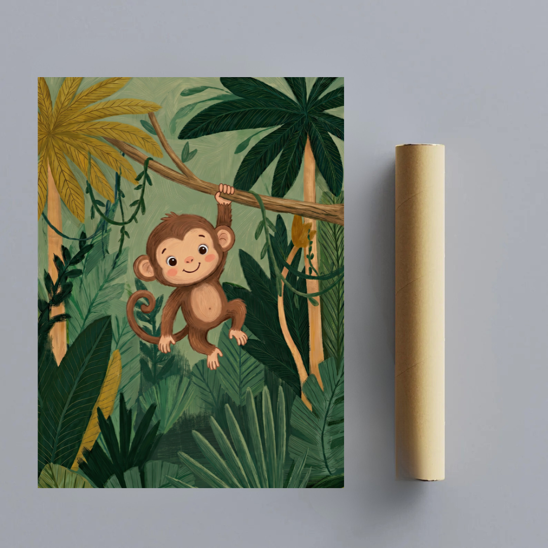 CHITRAPOTLI Joyful Monkey – Jungle Nursery Canvas Wall Art | Baby Monkey Kids Room